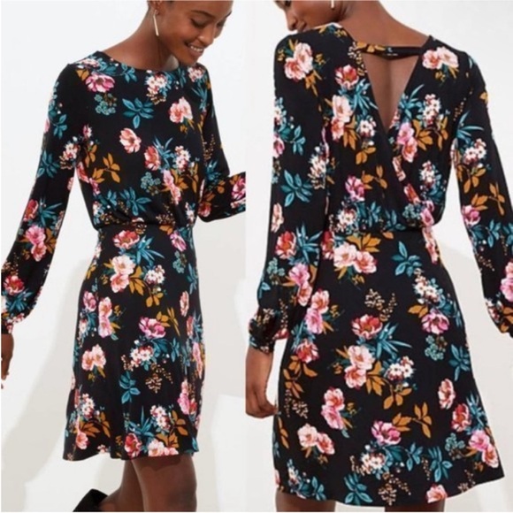 LOFT Dresses & Skirts - LOFT Open Back Black Floral Long-Sleeve Mini Dress Pink & Teal Accents size 14